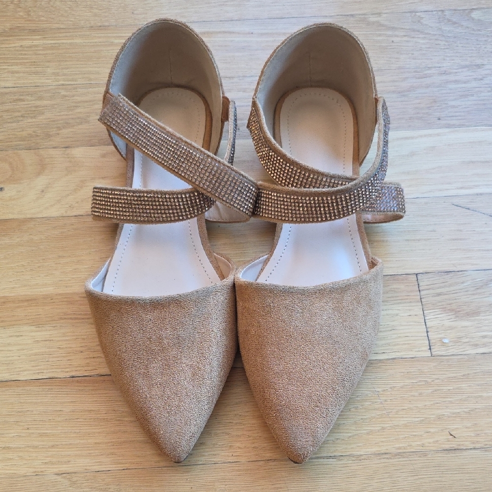 Tan Faux Suede "Rhinestone" Flats